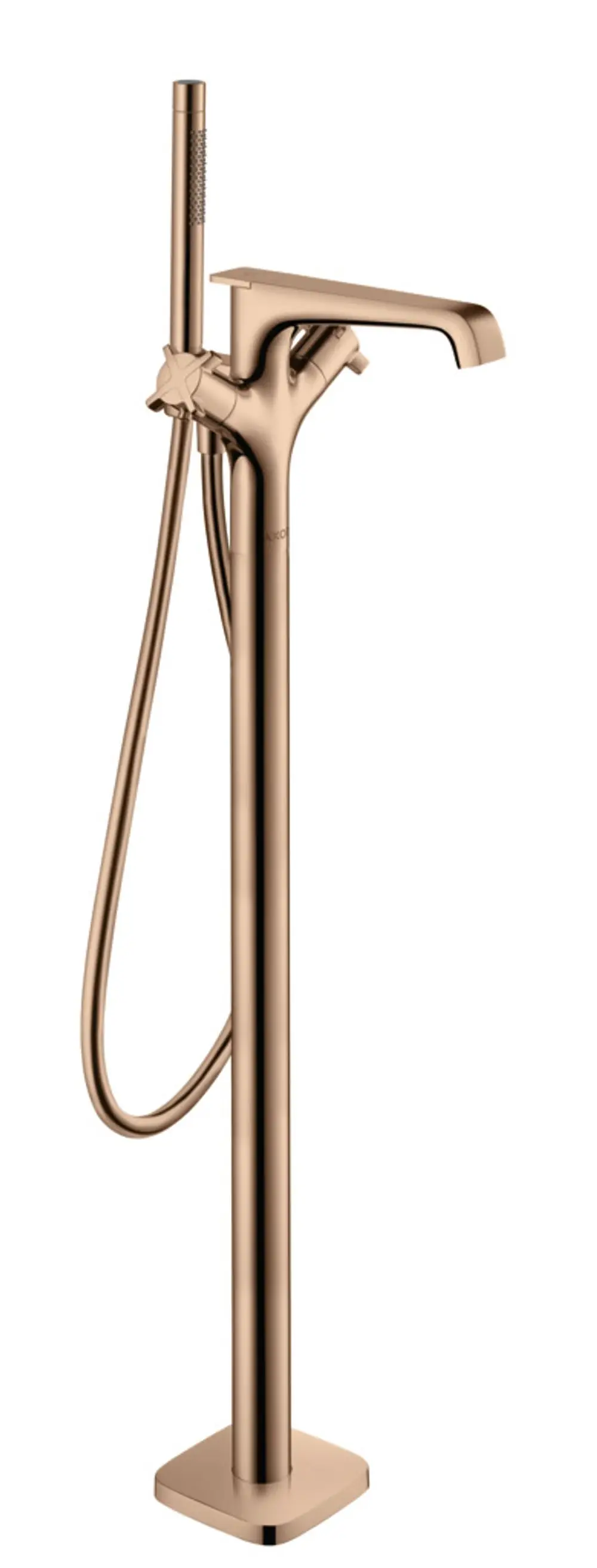 Bodenstehender Thermostat von AXOR in Polished Red Gold. Das Design umfasst einen hohen, schlanken Körper mit einem seitlich angebrachten Handbrauseanschluss.